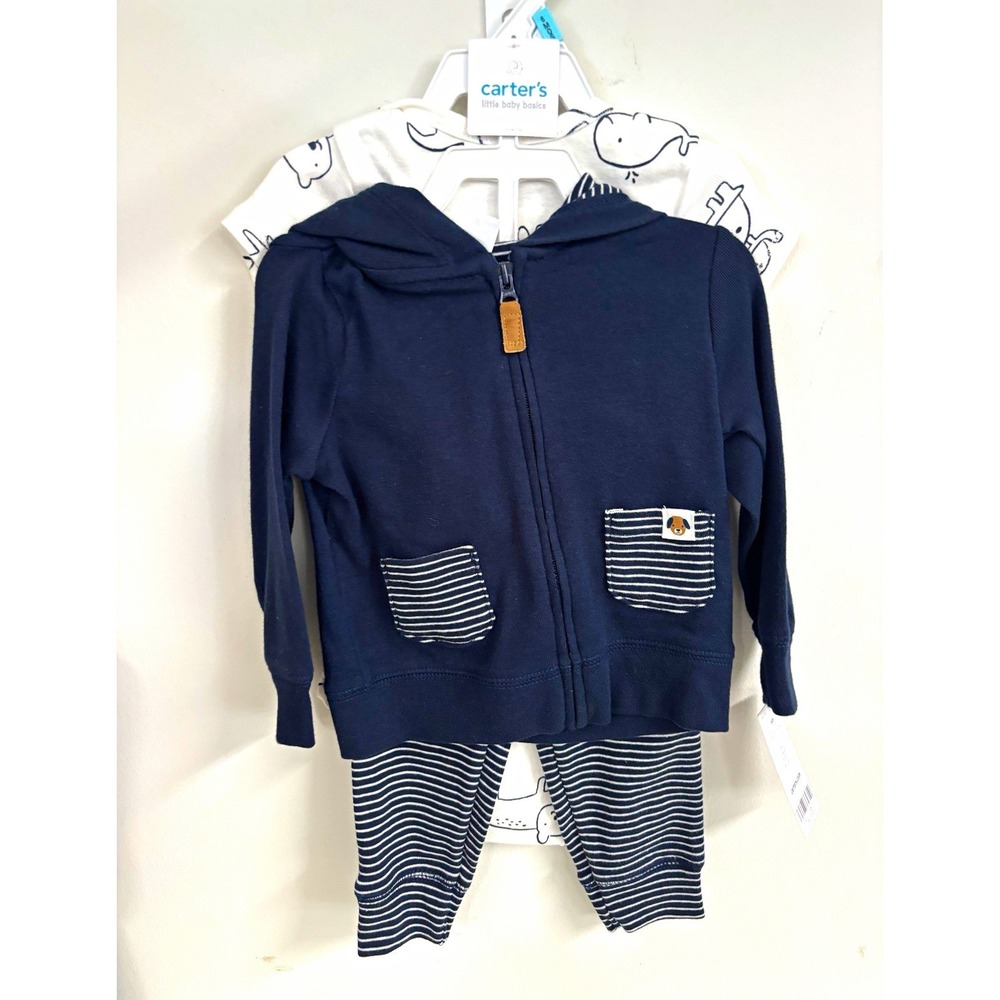 Carter's Baby 6M 3pc Navy Zip Hoodie Bodysuit Pants Set Whale Stripe